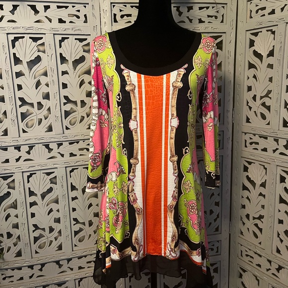 From the Heart Tops - FROM THE HEART FANTASTIC BOHO FRESH BLACK & MULTICOLORS DESIGN LONG SLEEVE TOP